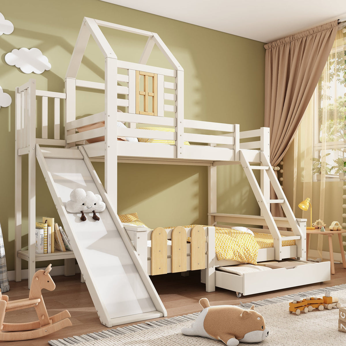 Bunk Bed, 90x200 & 140x200cm, House Loft with Drawer & Slide, Log Cabin Design