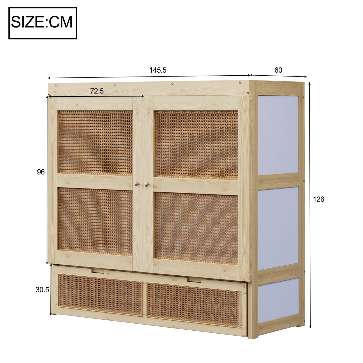 Vertical Wall Bed with Slatted Base and Storage Drawers, 140 x 200 cm, Wood Color