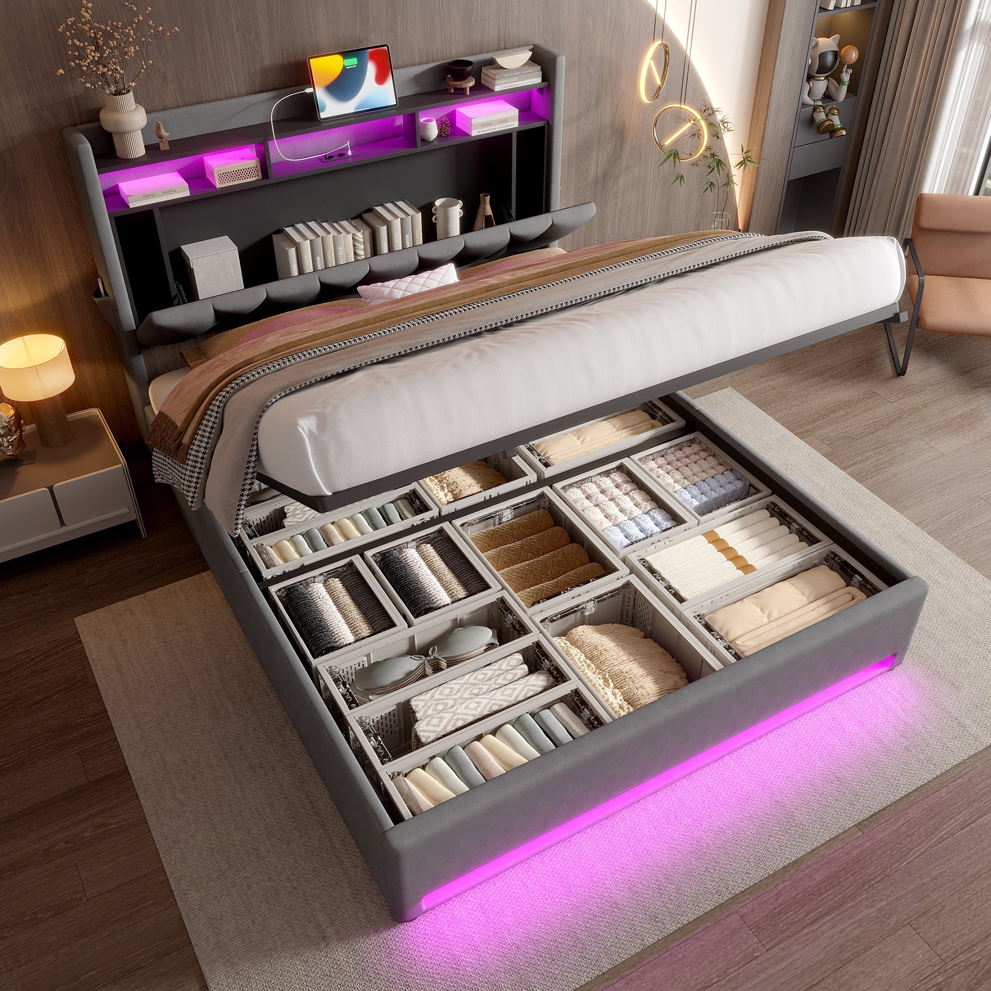 Upholstered Bed Frame 140x200cm, LED, USB-C Charging, Hydraulic Storage Headboard, Grey