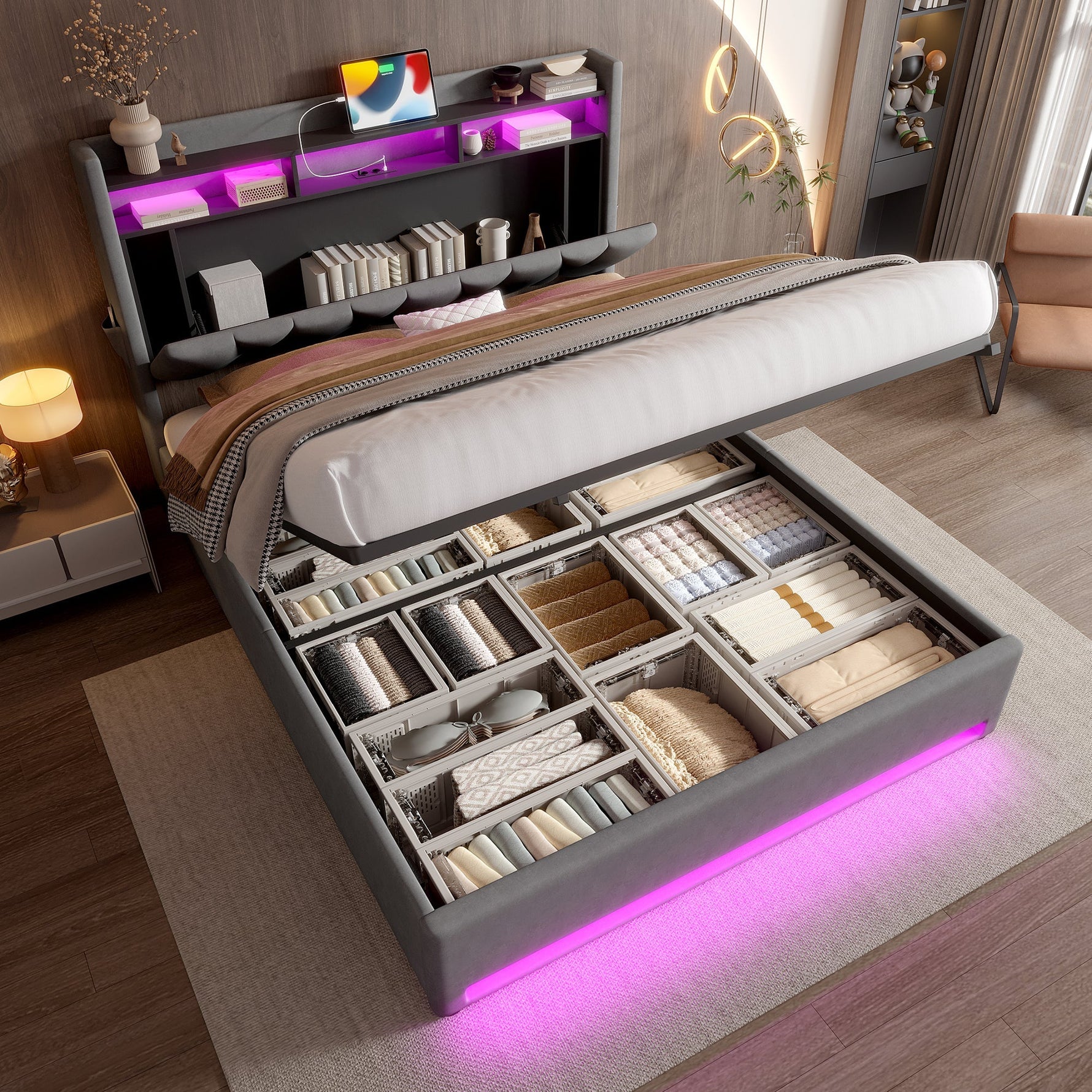 Upholstered Bed Frame 160x200cm LED/USB-C Hydraulic Storage Headboard, Grey