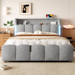 Upholstered Bed 140x200cm Hydraulic Storage LED Headboard USB/Type-C Velvet Grey