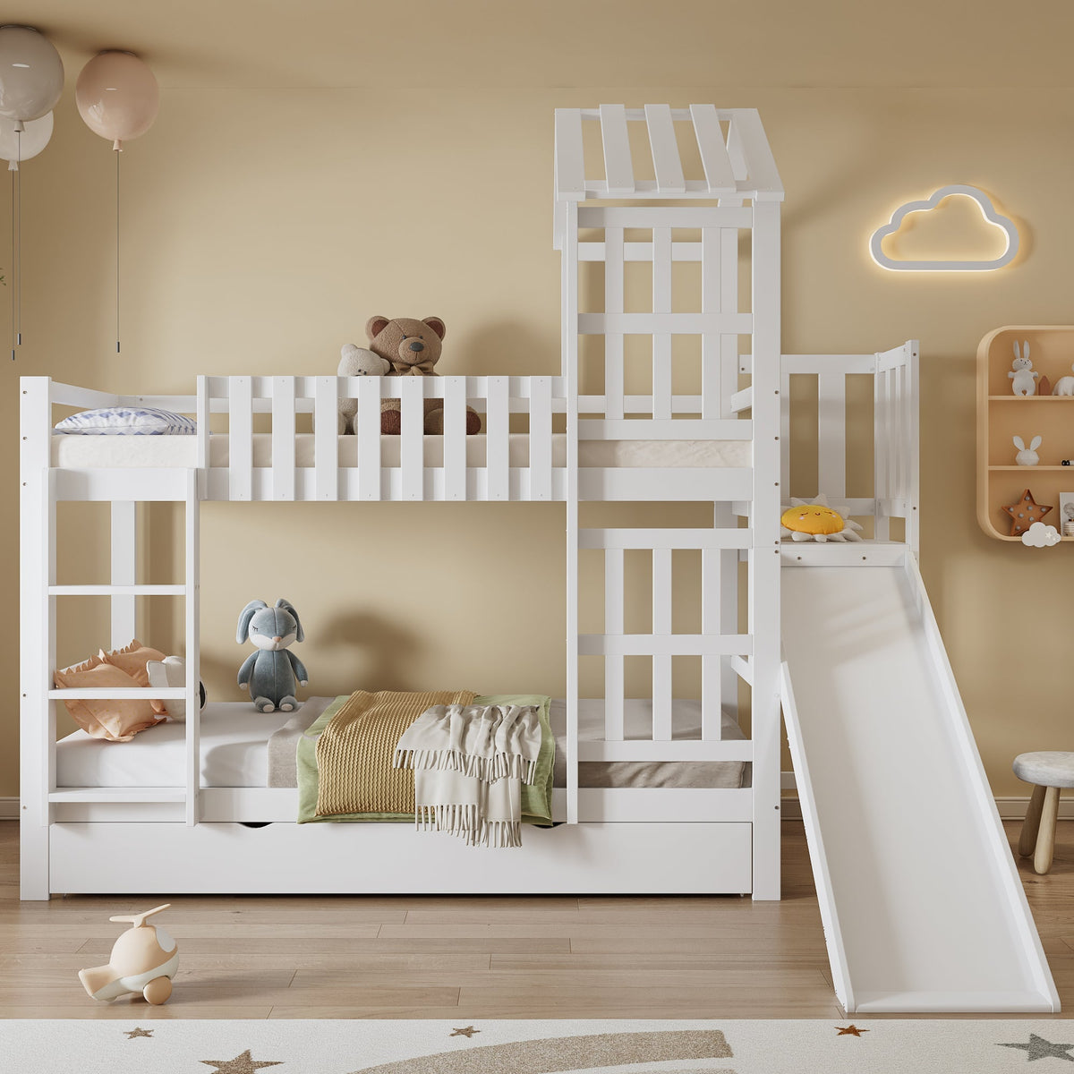 Bunk bed, children's bed with large drawer, fun slide, roof and window, white, Pine+MDF+Plywood