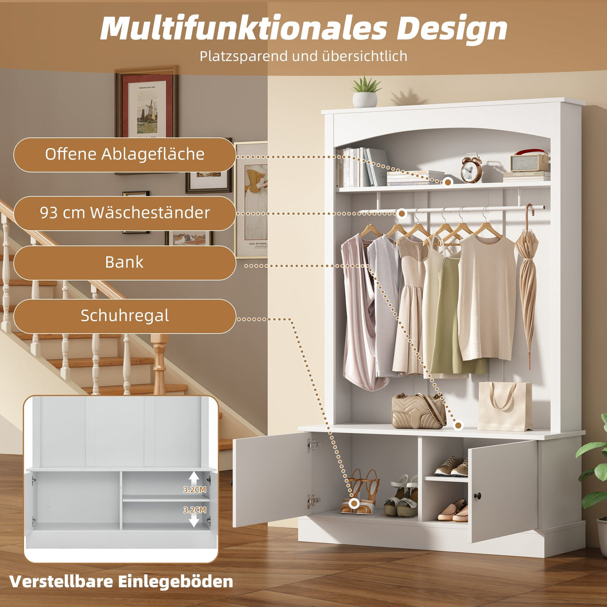 Entryway Cabinet Coat Rack Shoe Bench Storage Adjustable Shelves, White