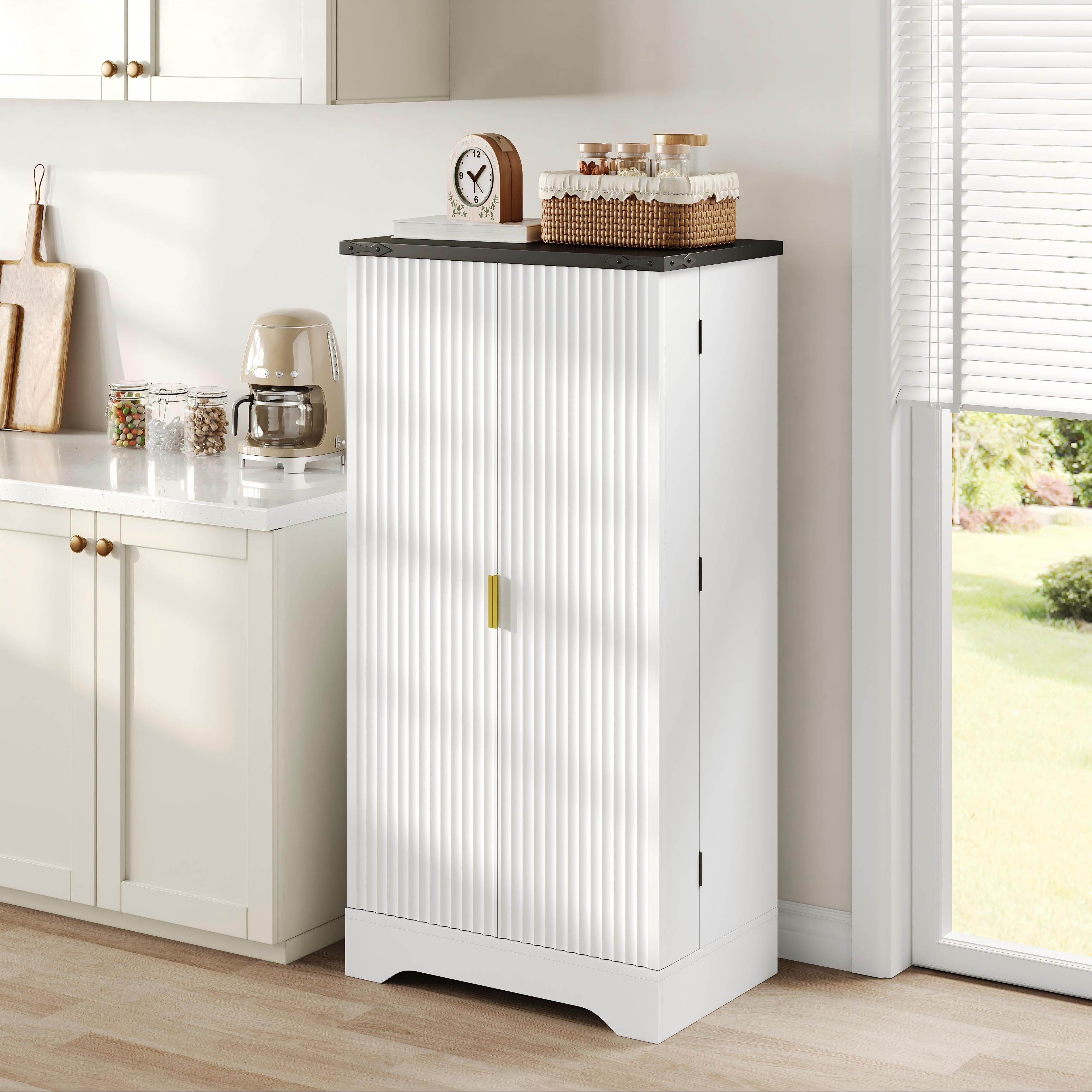 Kitchen Cabinet with LED Light, Spice Rack, Adjustable Shelves, Double Doors - White