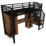 Loft Bed 90x200 cm with Wardrobe, Desk & Storage, Black Iron Frame