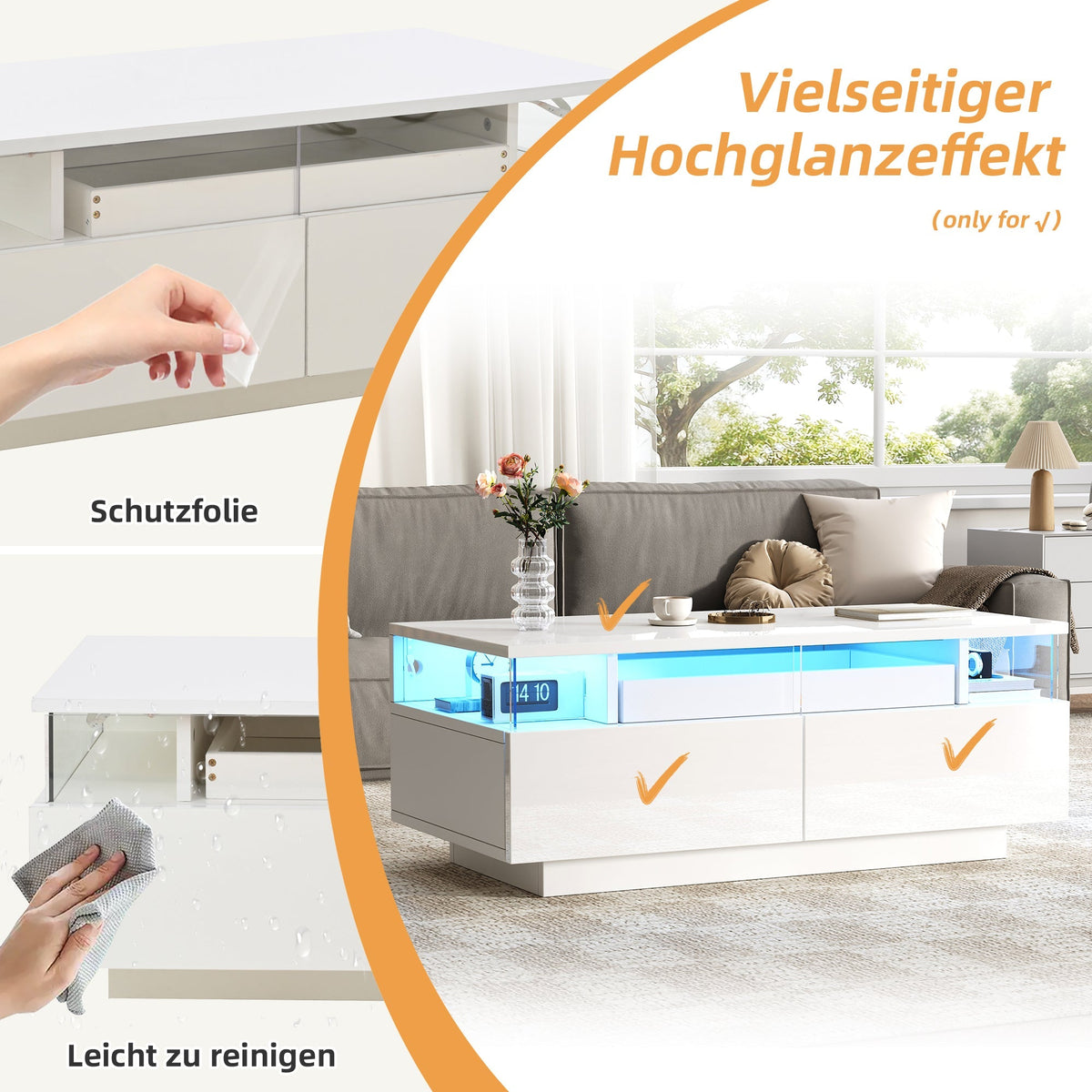 Coffee Table with Tray, 90 x 45 x 35.5 cm, 2 Drawers, Tempered Glass, LED Light, White