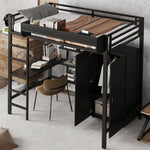 Iron Bunk Bed with Table, Wardrobe, Storage, 5-Step Ladder, 90x200cm - Black Iron/Chipboard