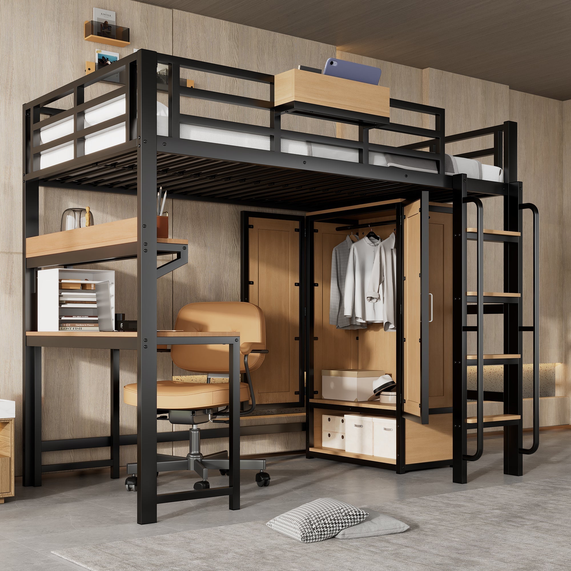 Iron Loft Bed, 90x200cm, Wardrobe Desk Stairs Storage, Black/Natural Iron + MDF