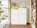 Shoe Cabinet 6 Drop-Down Compartments LED Lighting Open Storage White Natural Finish