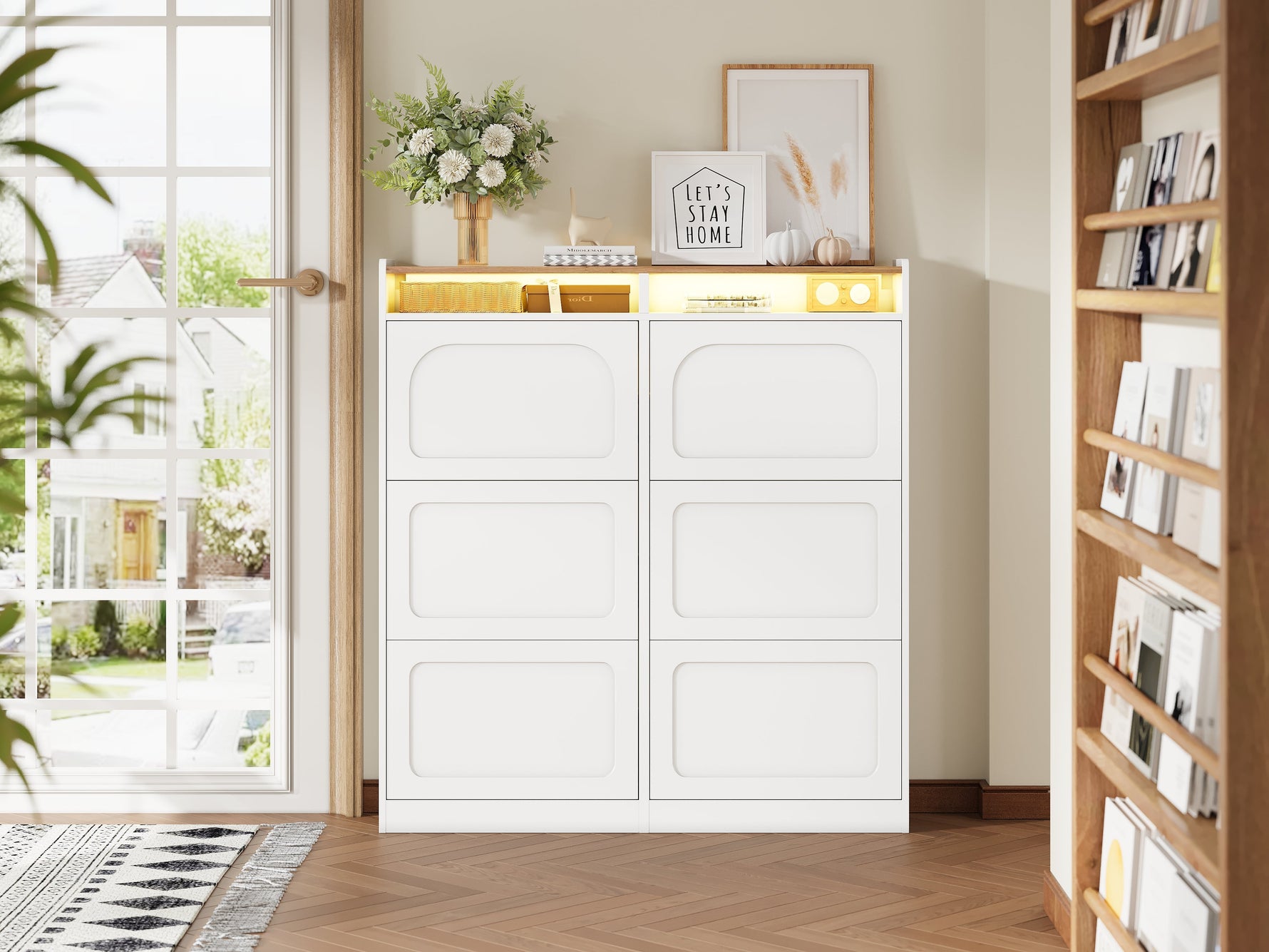 Shoe Cabinet 6 Drop-Down Compartments LED Lighting Open Storage White Natural Finish