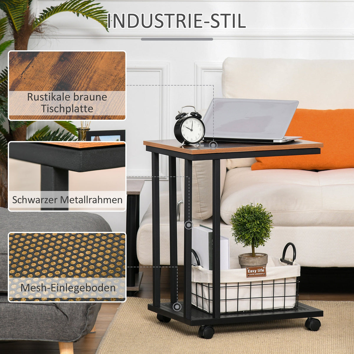 Side Table C-Shaped Rolling Serving Cart Wood Metal Black Walnut