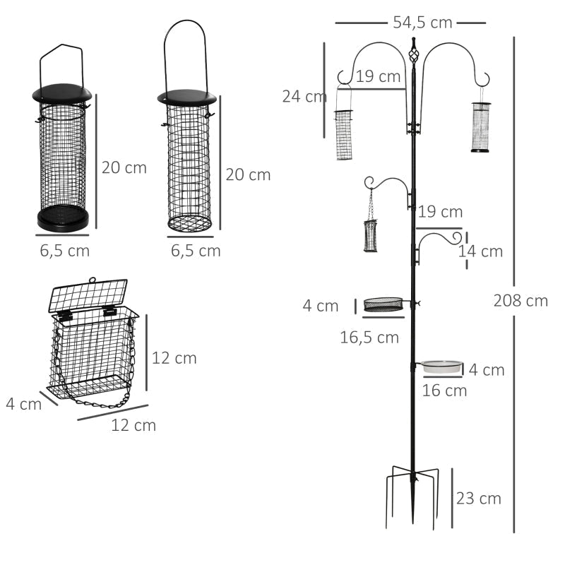 Bird Feeding Station, 208 cm 4 Hooks Bird Bath, Steel, Black