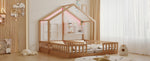 Wooden House Bed 90x200cm Freestanding LED Storage Shelves Wood Color
