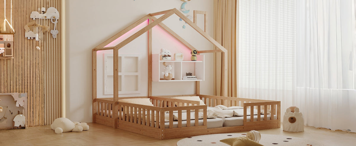 Wooden House Bed 90x200cm Freestanding LED Storage Shelves Wood Color