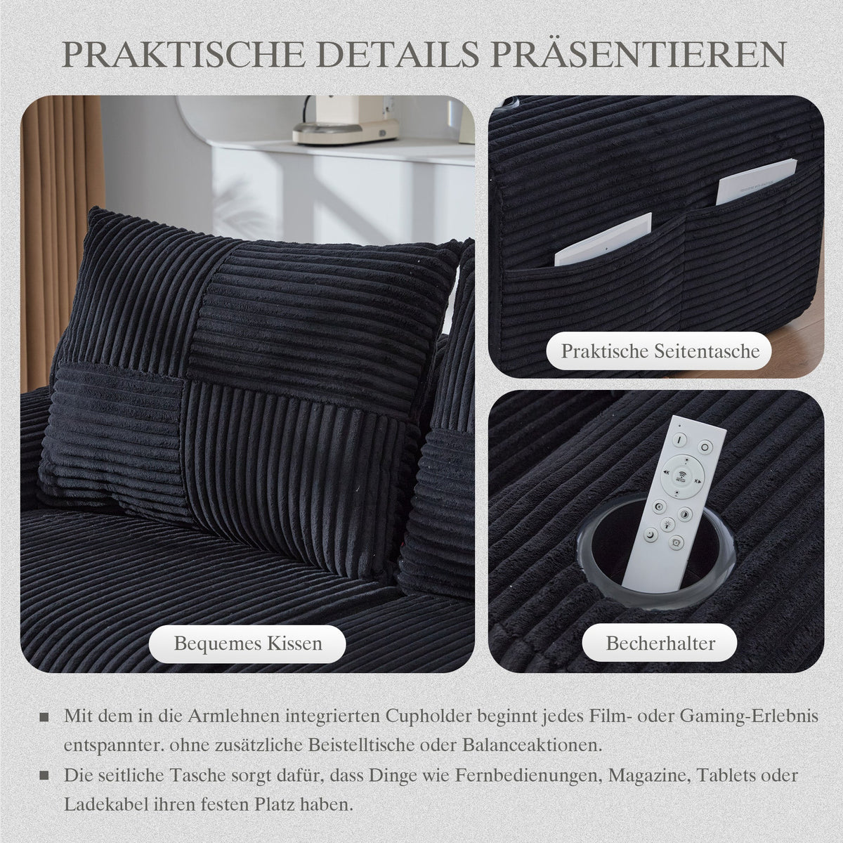 Modular Corduroy Sofa for 2 People, Combinable with Cup Holder and Storage Pocket, Black