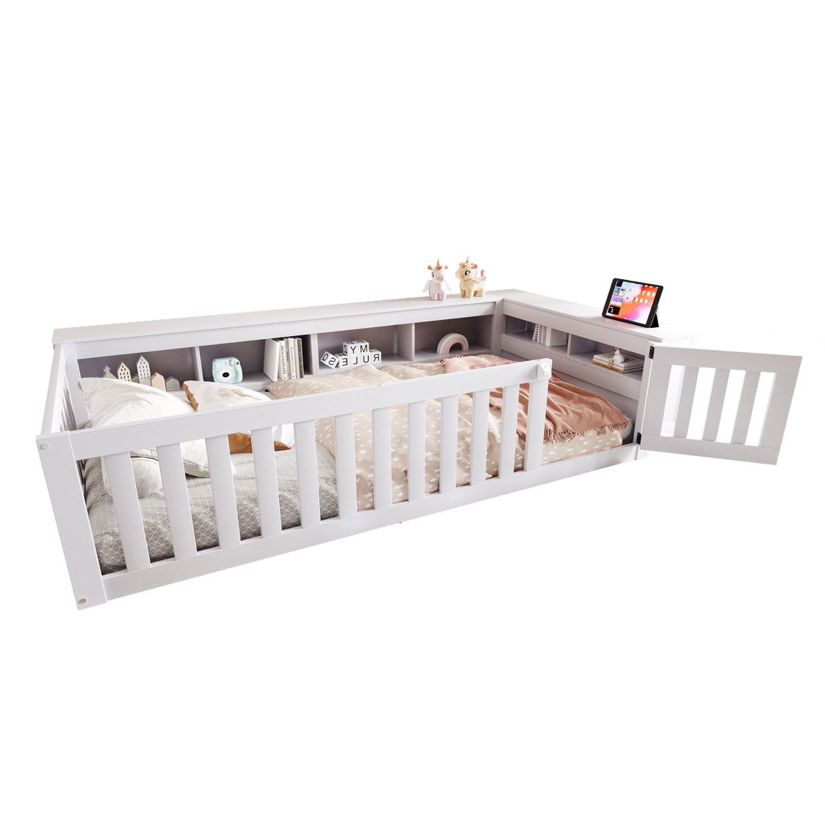Kids Bed 90x200cm with Storage & Safety Rail, Solid Wood White