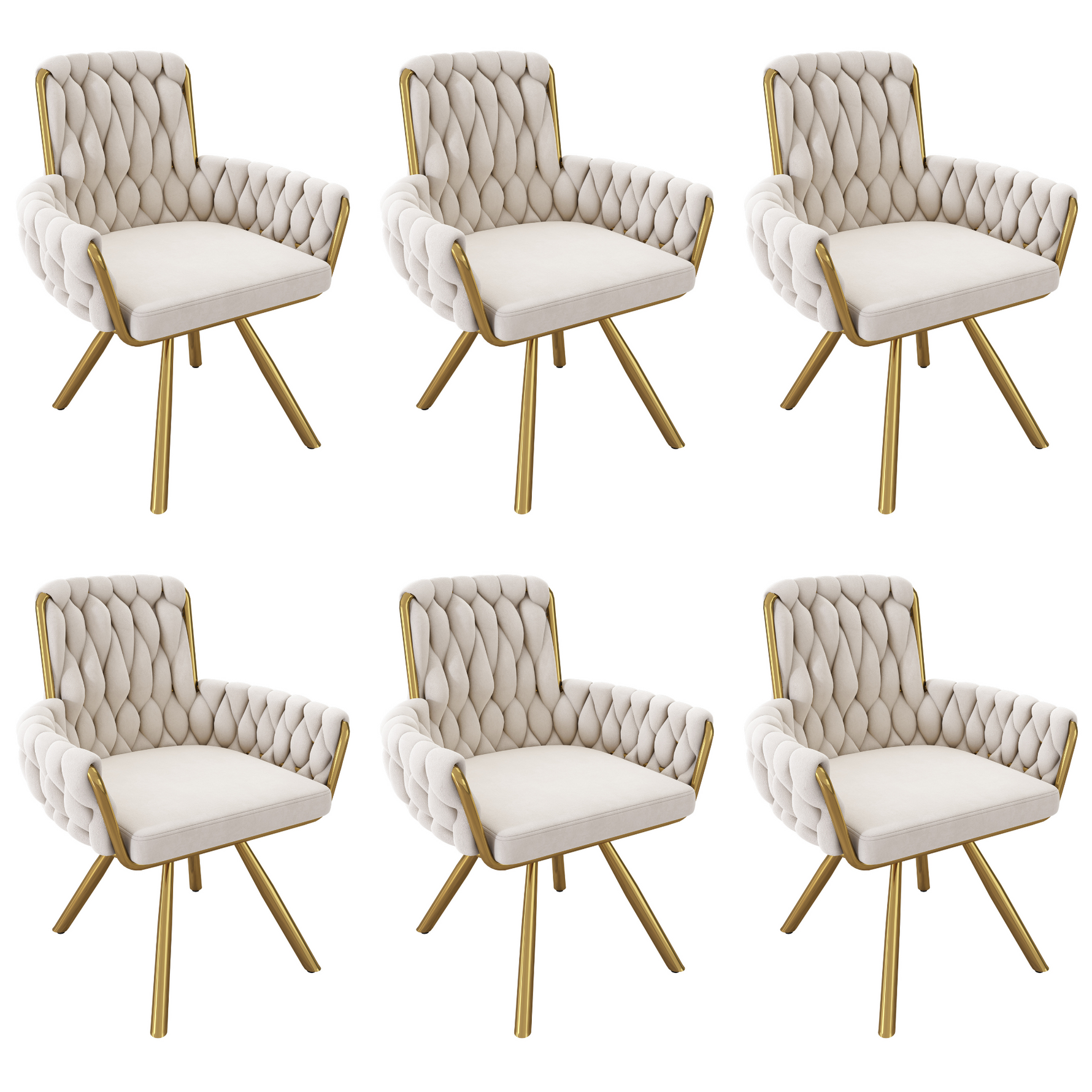 Velvet Dining Chair Set of 6, Luxury Swivel Armchair with Metal Legs, Beige