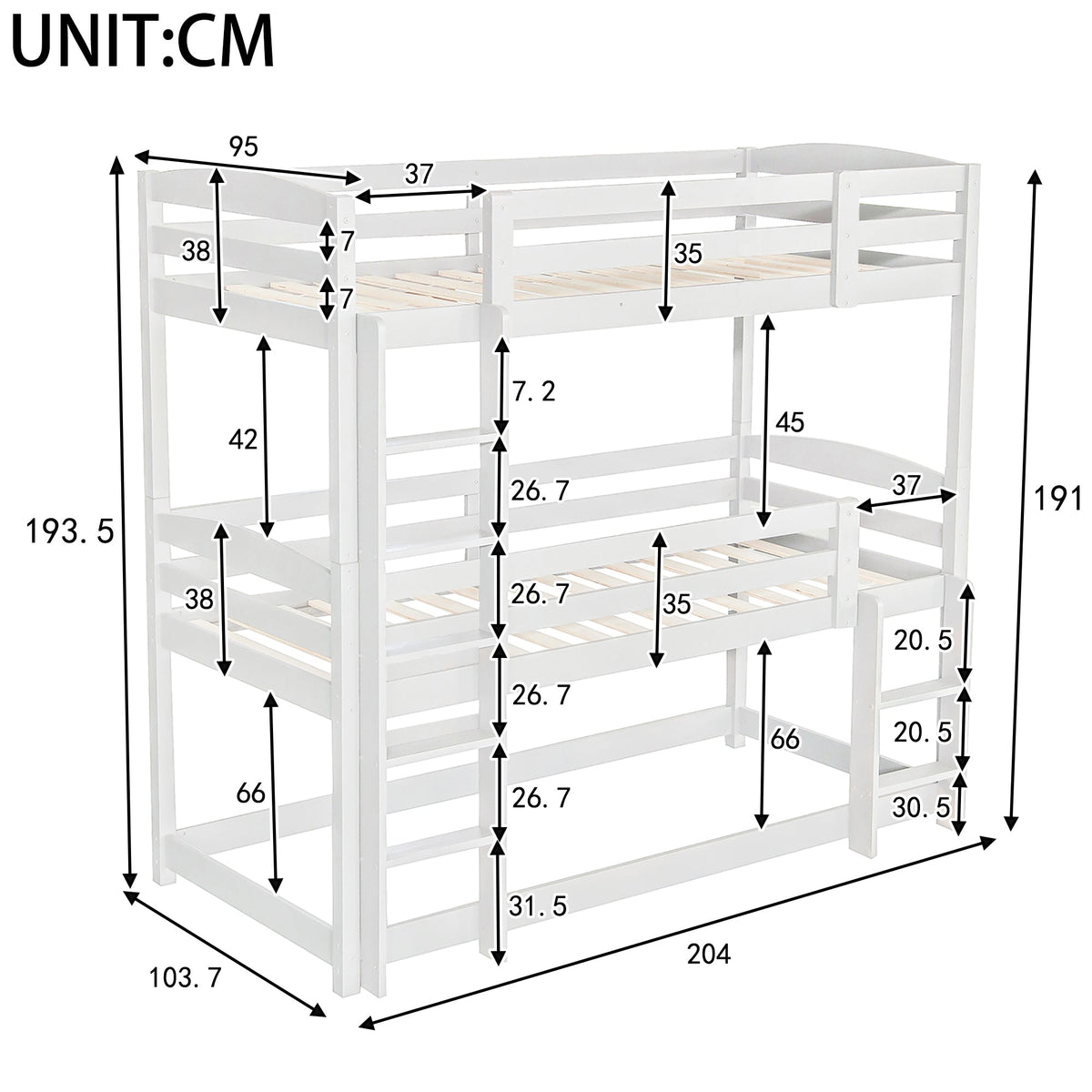 (WX000112AAK-3) Triple Bunk Bed 90x200cm Single-Size Wooden, White