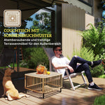 Polyrattan Garden Table, Weatherproof Side Table with Glass Top, Natural Wood