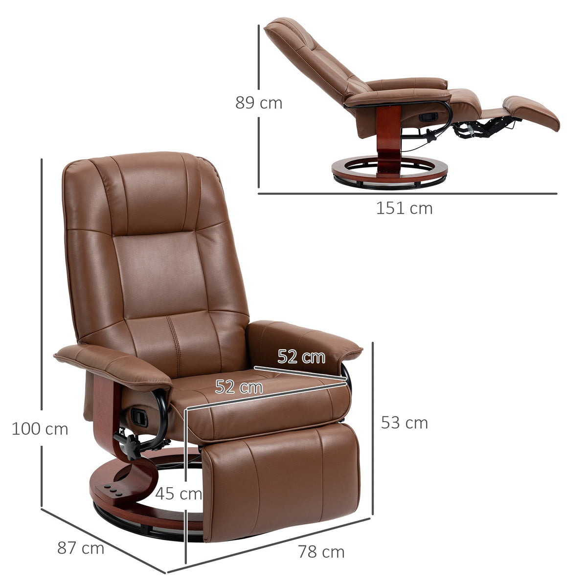 Swivel Recliner Chair, Reclining Footrest Armrests, Faux Leather
