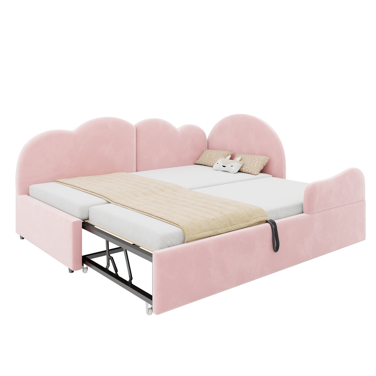 Extendable L-Shaped Sofa Bed with Cloud Headboard, Pink Velvet