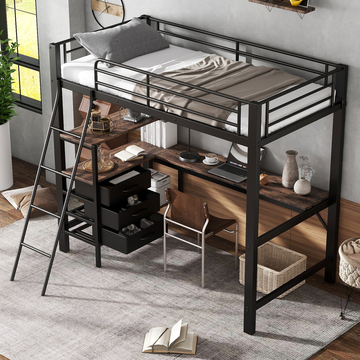 Iron Bunk Bed with Table, 3 Drawers, Ladder, 90x200cm, Black/Dark Walnut