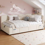 Upholstered Single Bed with USB Charger and Storage Bag, 90x200 cm, Beige Bouclé
