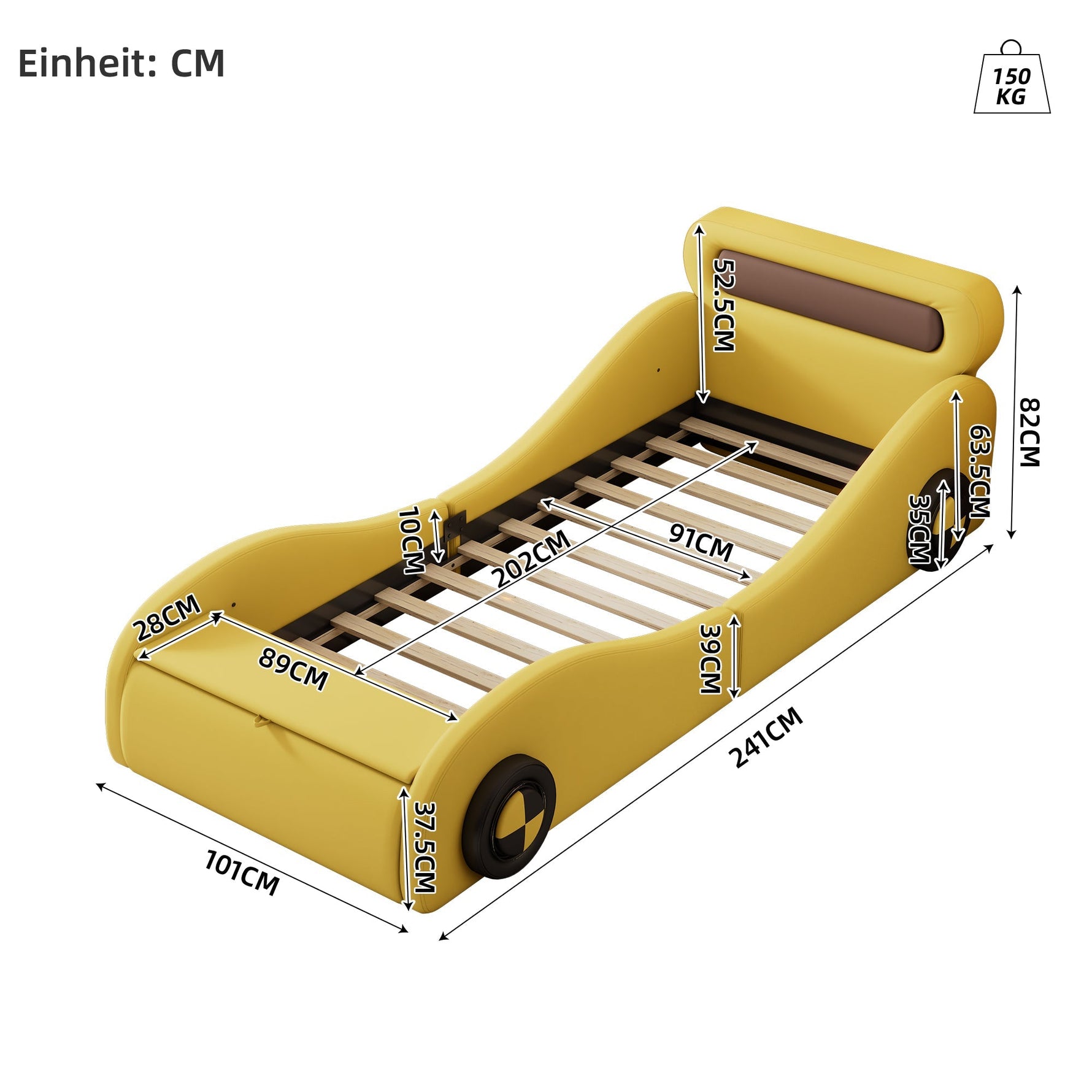 Car-Shaped Upholstered Bed with Light-Up Wheels and Storage, 90x200cm, Yellow PU