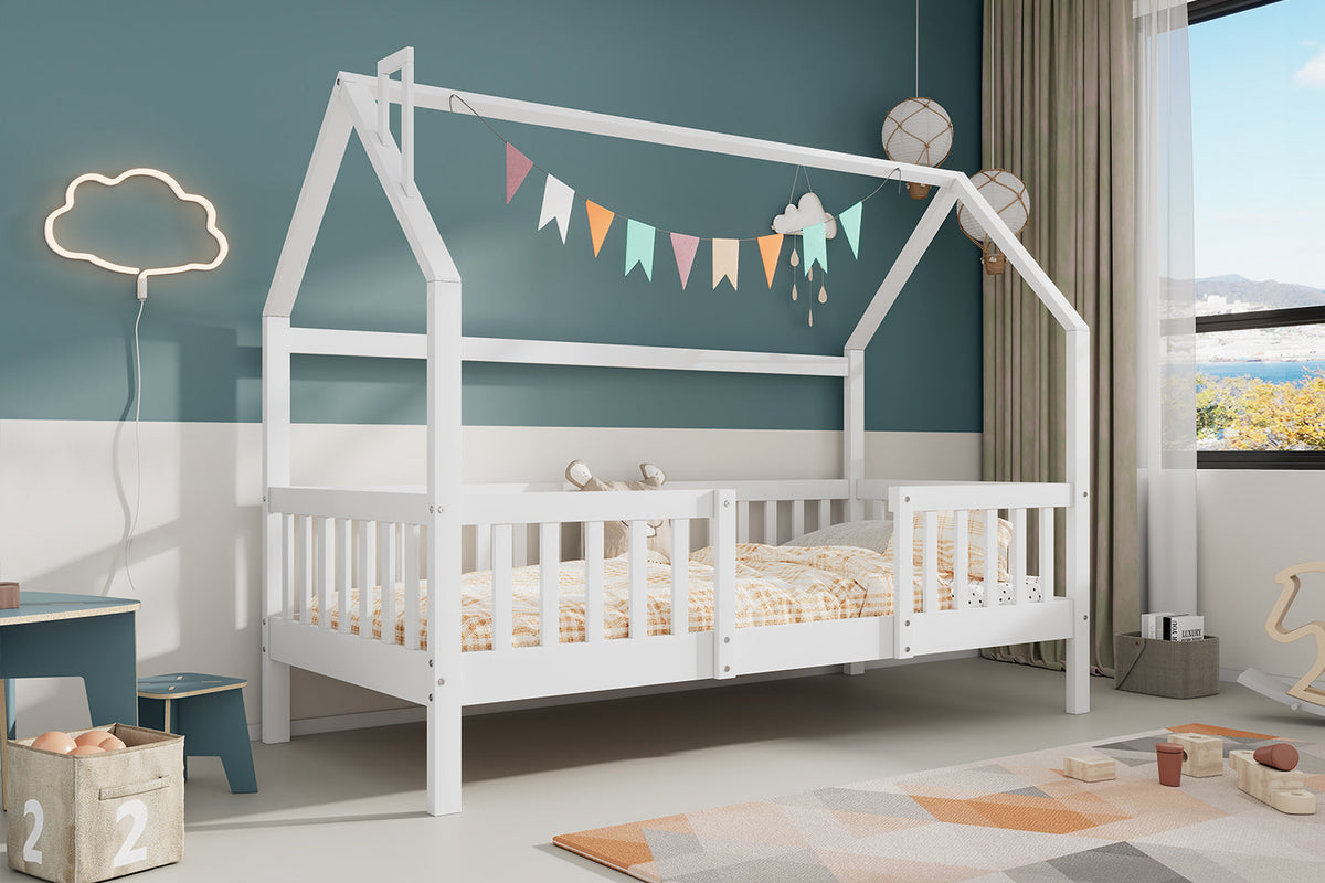 House Bed 90x200cm Chimney Slatted Base - White Pine Wood