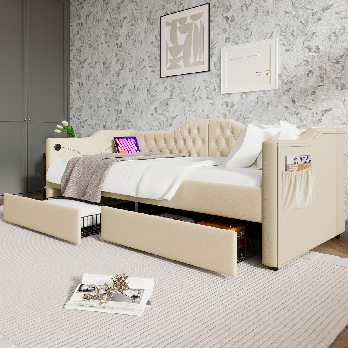 Upholstered Bed, Daybed Sofa Bed with USB C & 2 Drawers, 90x200cm Beige Velvet