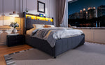 Upholstered Bed 140x200cm, LED & USB, Hydraulic Storage, Grey Linen