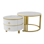 Coffee Table, 2-in-1 Round with 2 Drawers, White Marble & MDF