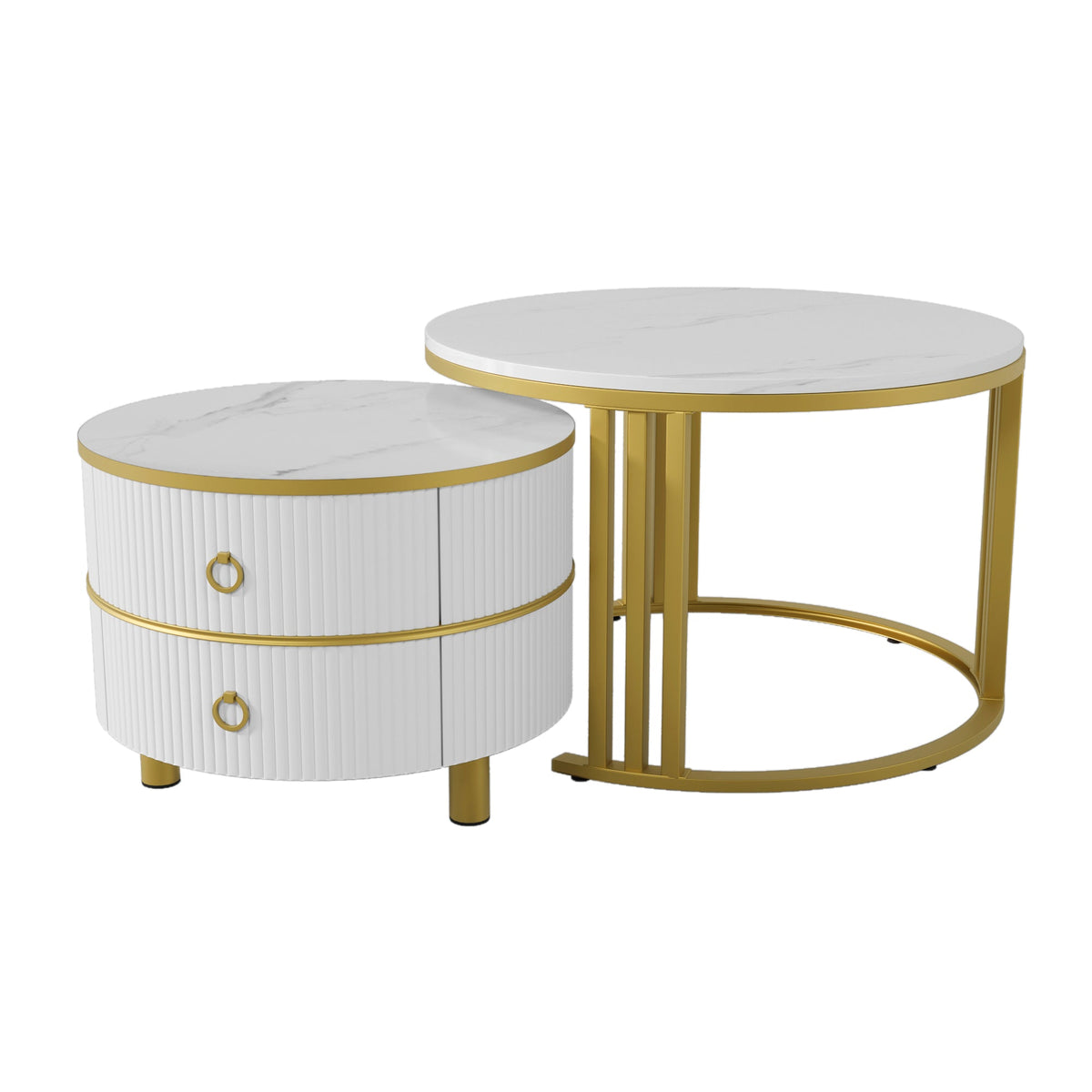 Coffee Table, 2-in-1 Round with 2 Drawers, White Marble & MDF