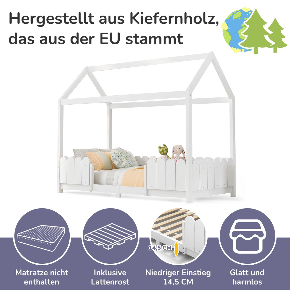 House bed 90x200 cm - versatile wooden children's bed with fall protection and slatted frame - white