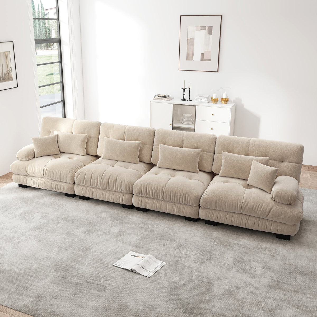 Modular Corner Sofa, 4-Seater Deep Seat Sleeper, Light Brown Chenille