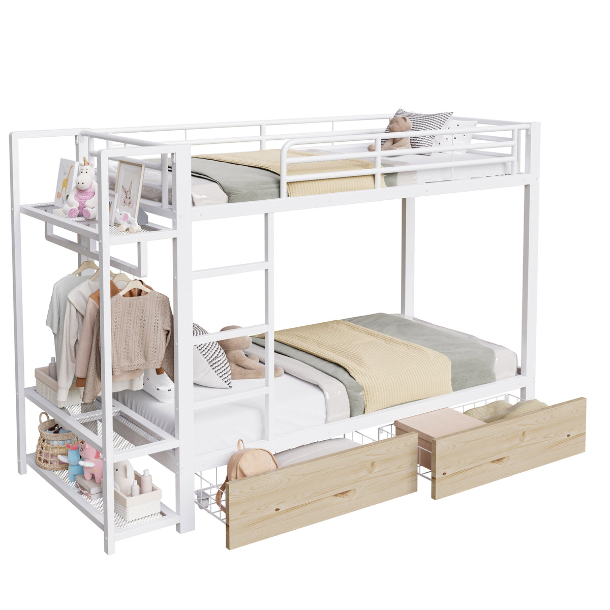 Bunk Bed 90x200 cm with Drawers & LED, White Iron Frame