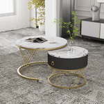 Modular Coffee Table Set of 2, Marble Look Drawers Gold Decor