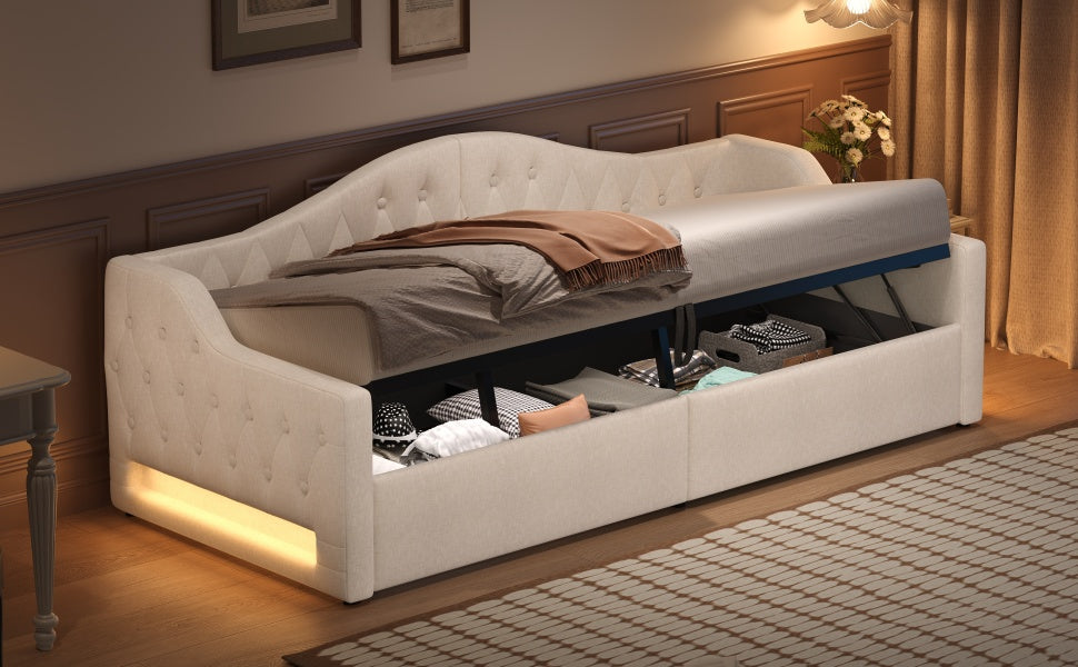 Upholstered Daybed, 90x200 LED Storage, Beige