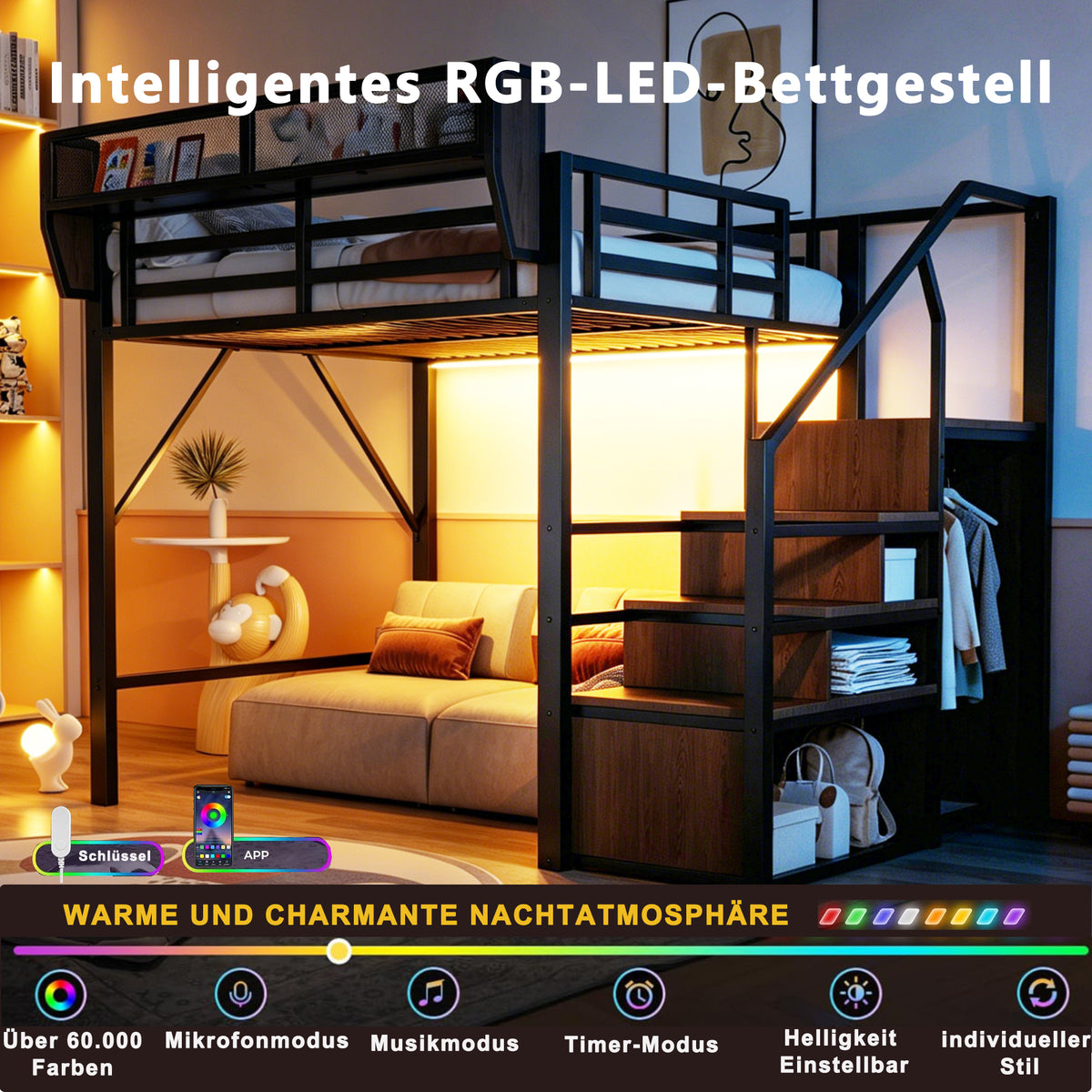 Loft Bed 140x200 with LED Light Strip & Storage, Black