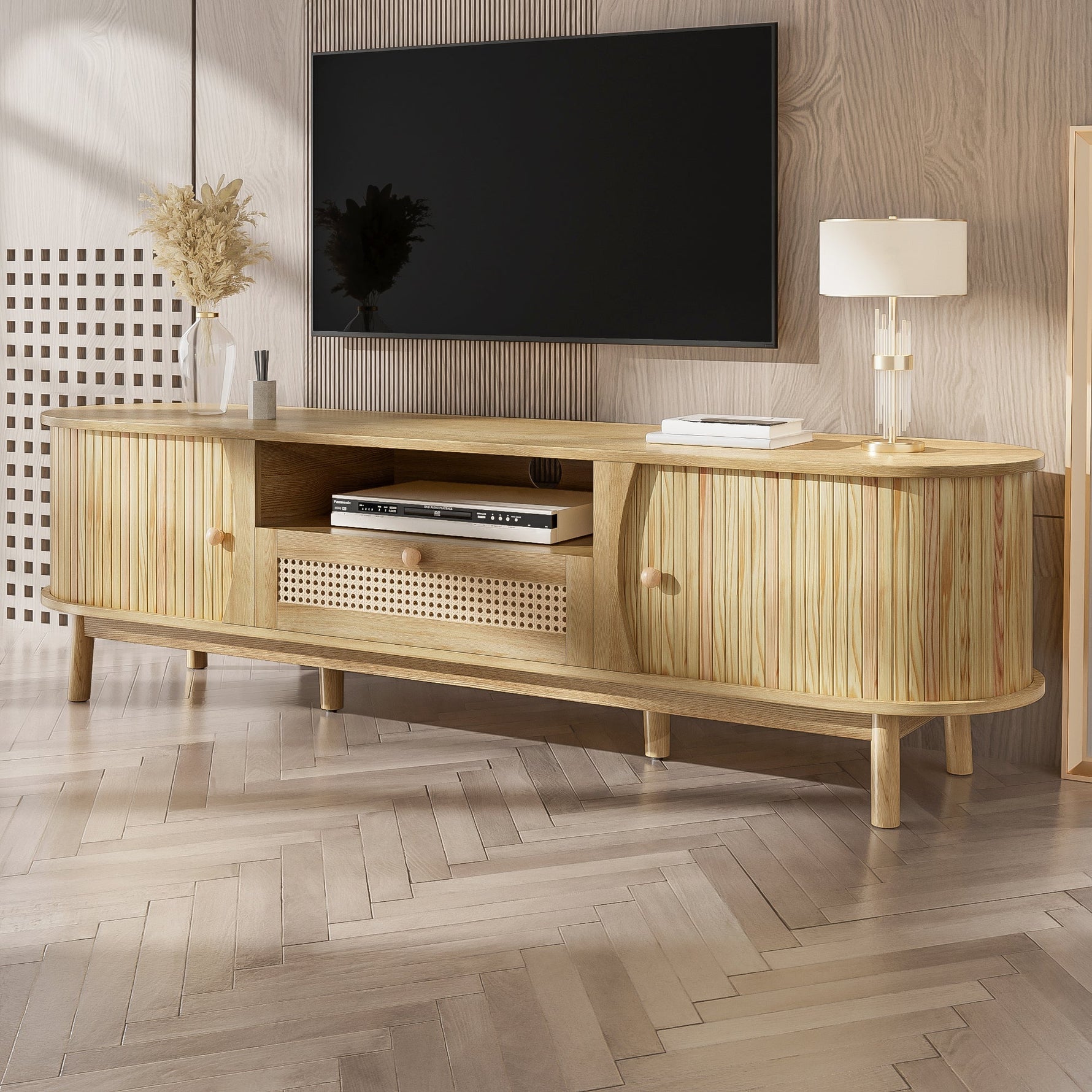 TV Cabinet Rattan Doors Drawers Low Profile - Country Style