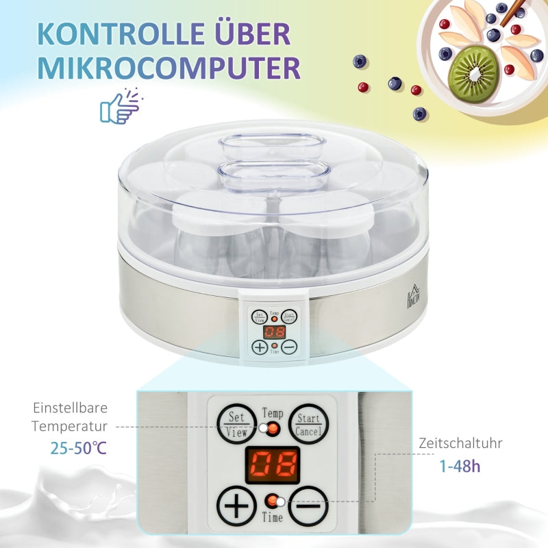 Yogurt Maker Machine, 7 Glass Jars, Stainless Steel, Silver and White