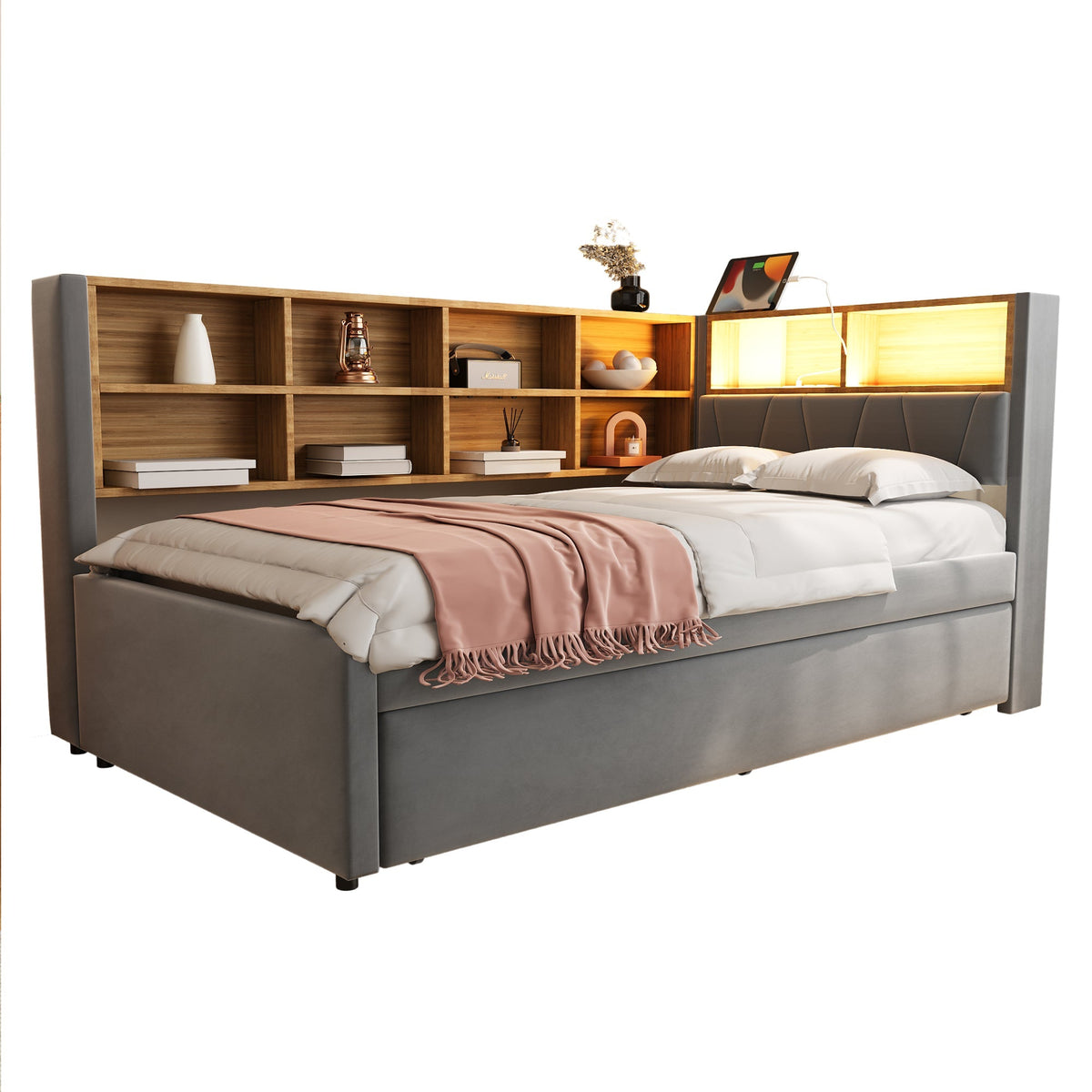 Sofa Bed 90x200 Pull-Out LED/Storage Upholstered Flannel Dark Grey