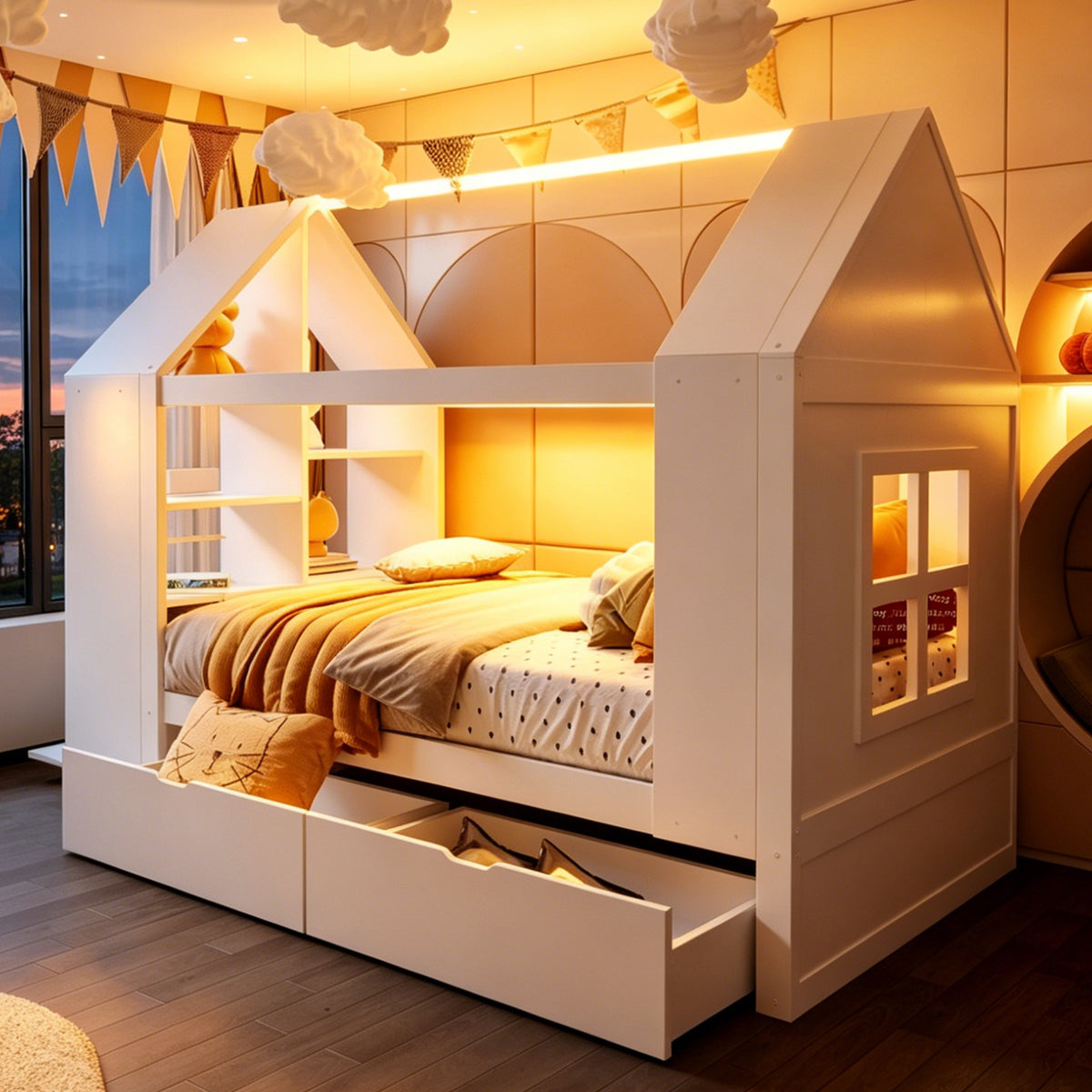 House Bed 90x200cm with 2 Drawers & LED Lighting, White