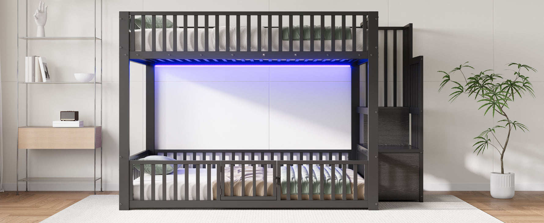 Bunk Bed with Storage Ladder and LED, 140x200cm, Black Metal + MDF