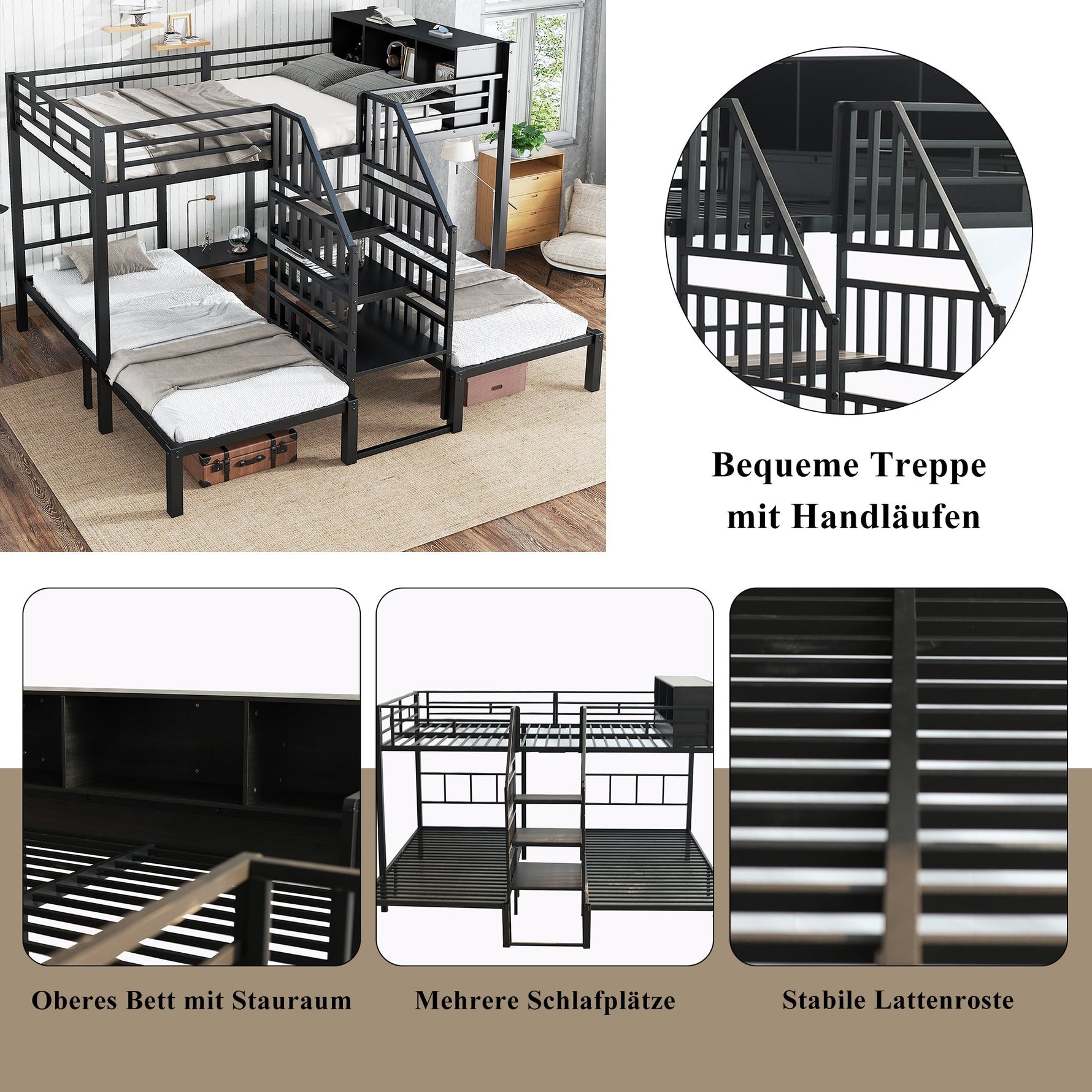 Iron Bunk Bed 3-Sleeper with Storage Stairs 90x200/140x200cm, Black