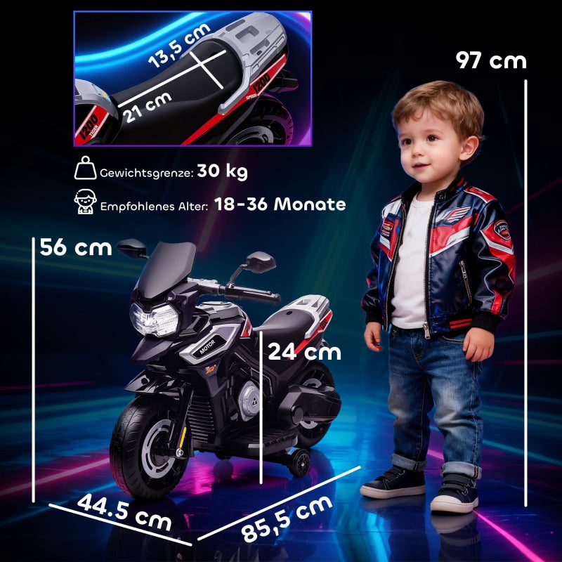 Electric Motorcycle for Kids with Training Wheels, Lights and Music, Black
