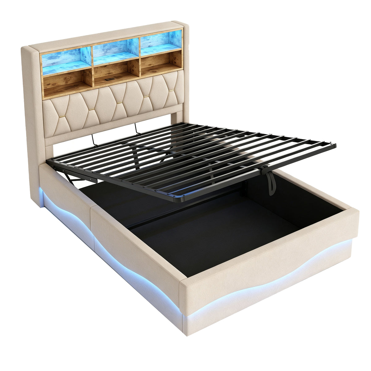 Upholstered Bed 140x200 with Storage & LED, Beige Linen