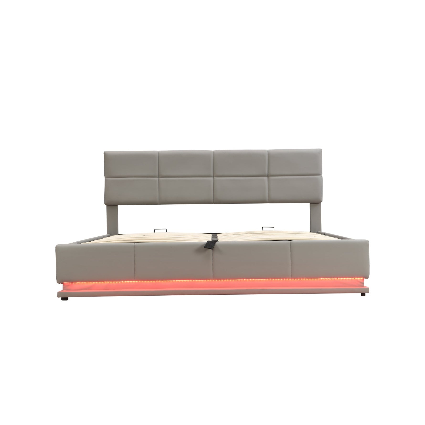 Upholstered Bed, 180x200cm LED & Hydraulic Storage, Faux Leather Light Grey