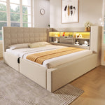 Upholstered Bed 140x200 with LED & Storage, Beige Linen