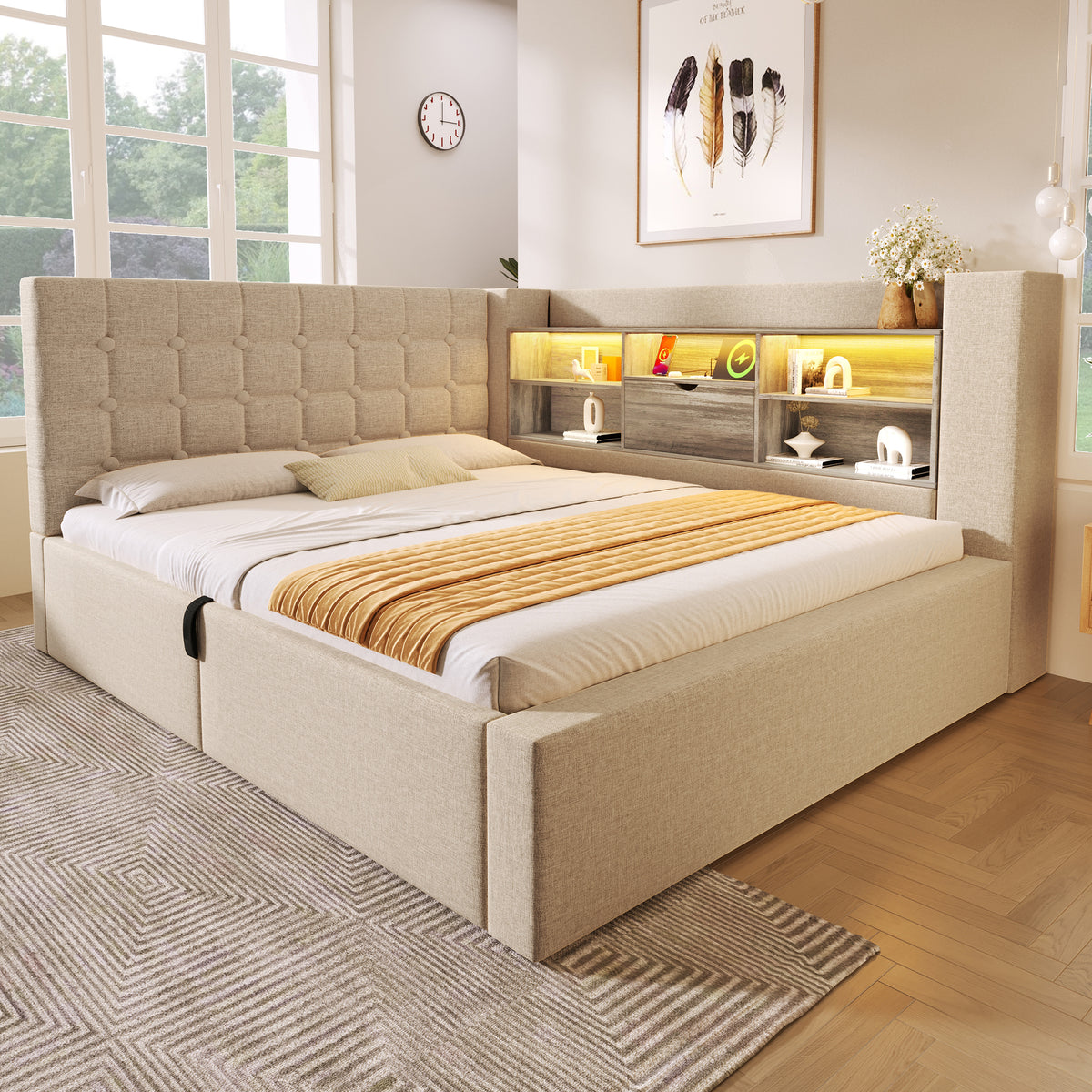 Upholstered Bed 140x200 with LED & Storage, Beige Linen